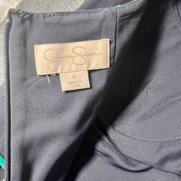 Navy open back fitted dress with aqua and tan trim; Jessica Simpson size 6 - Picture 5 of 7